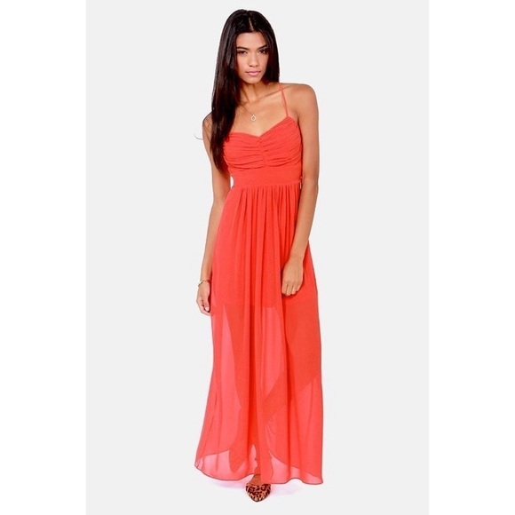 💕Lulu's💕 Pleats Don't Leave Red Coral Maxi Dress - Picture 1 of 12
